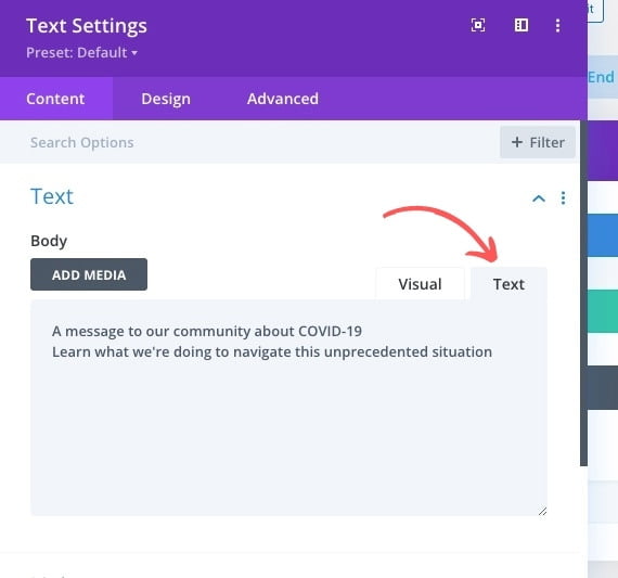 Using the WordPress text tab Using the WordPress text tab