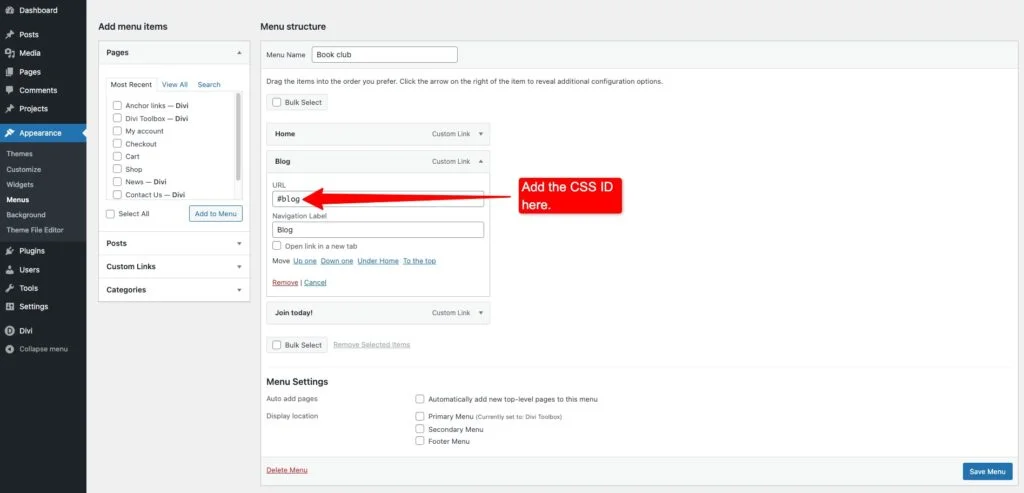 Add the anchor link in your Divi menu