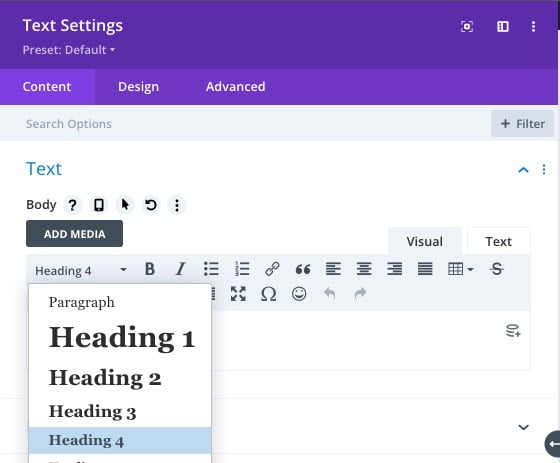 Change heading level in the Divi Text module