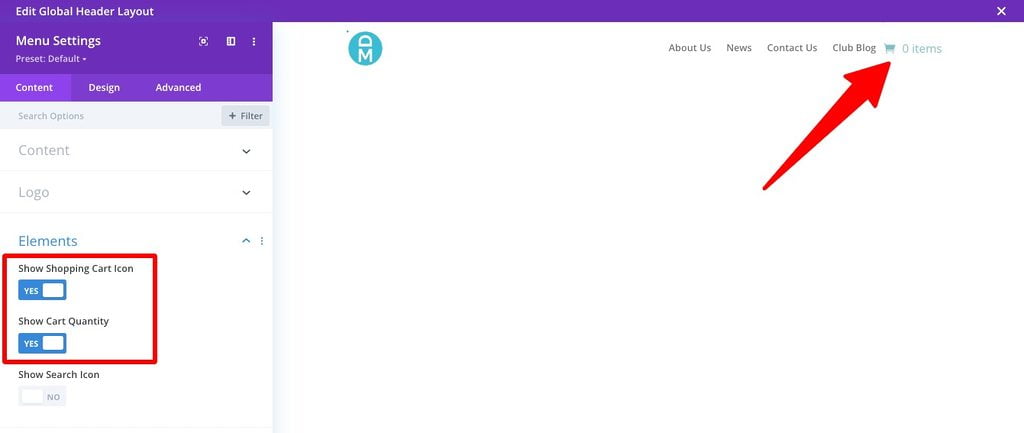 Display cart icon and cart quantity with Divi Theme Builder
