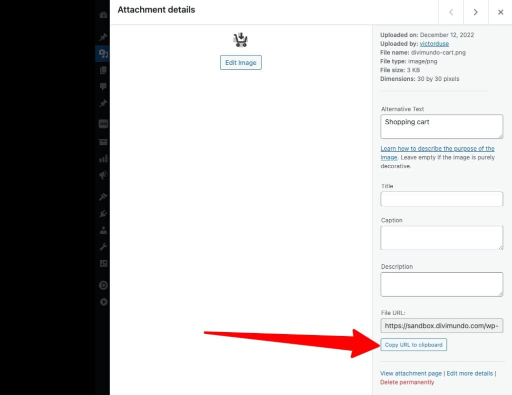 Copy the image URL in the WordPress Media Library
