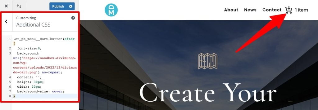 Custom cart image icon in Divi