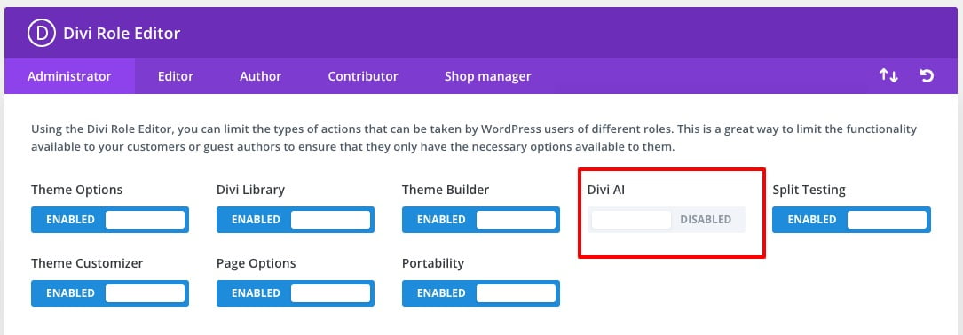 Default WordPress login page Before hiding the Divi AI toggle inte the Divi User Roles tab