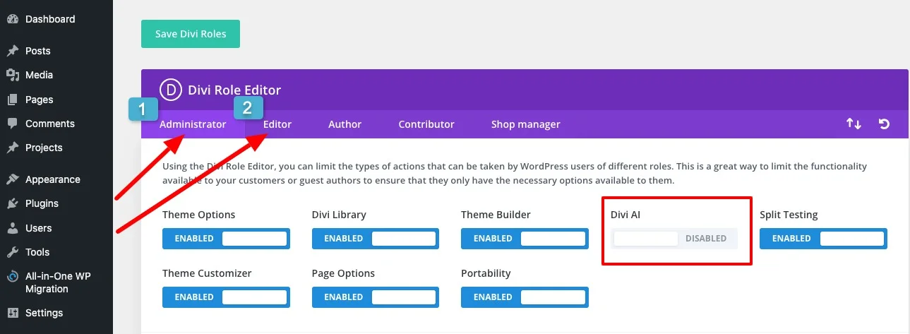 Disable Divi AI for Administrators and Editors in WordPress