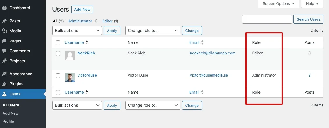 A list of all users in a WordPress installation