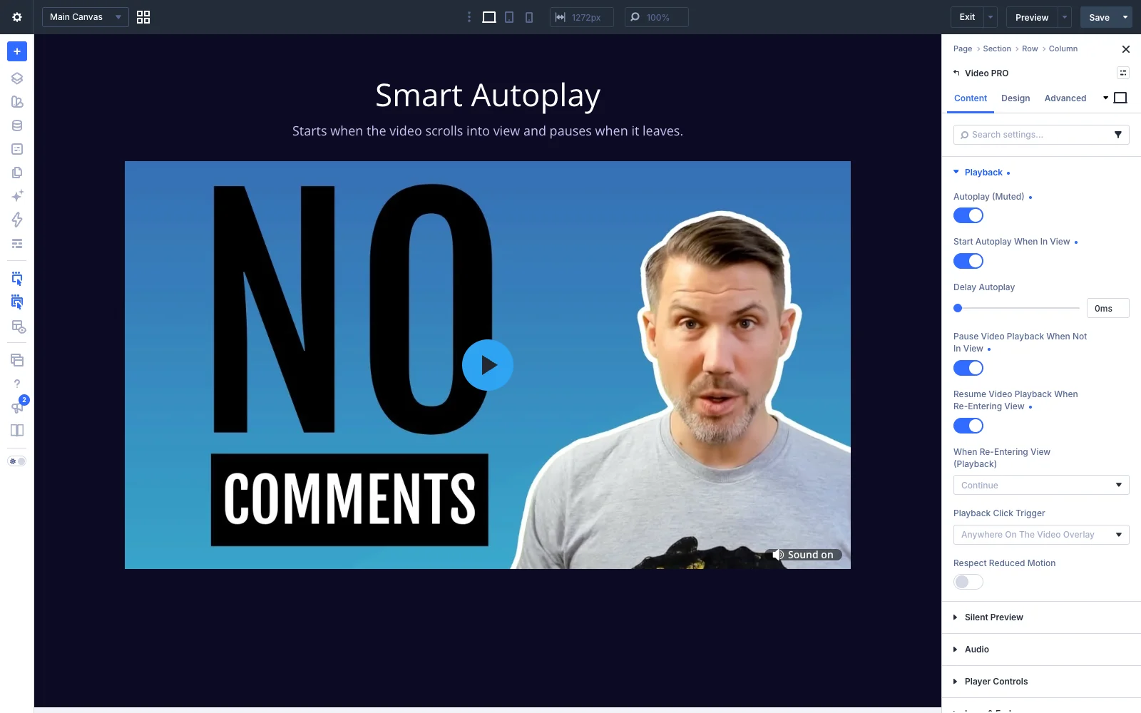 The Playback group with autoplay, in-view start and pause settings switched on