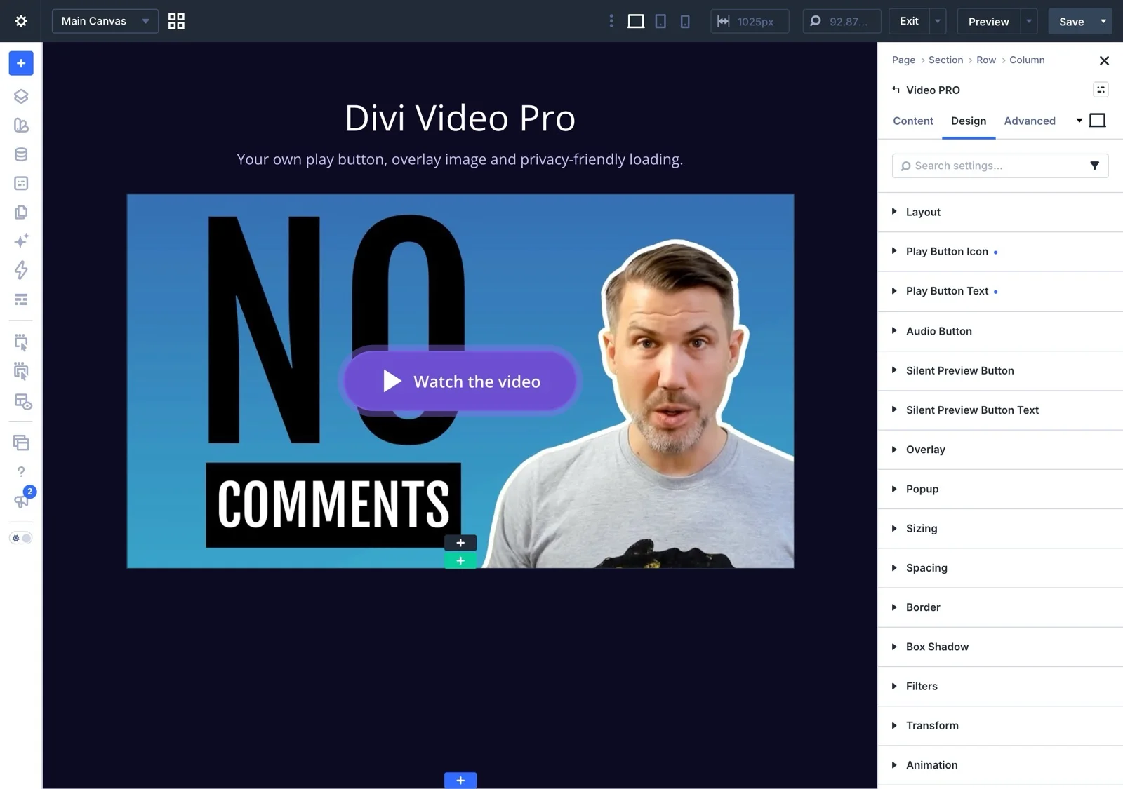 The Design tab of Video Pro with its groups