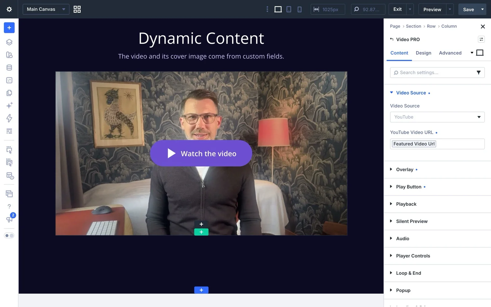 The YouTube Video URL field using a custom field through Dynamic Content