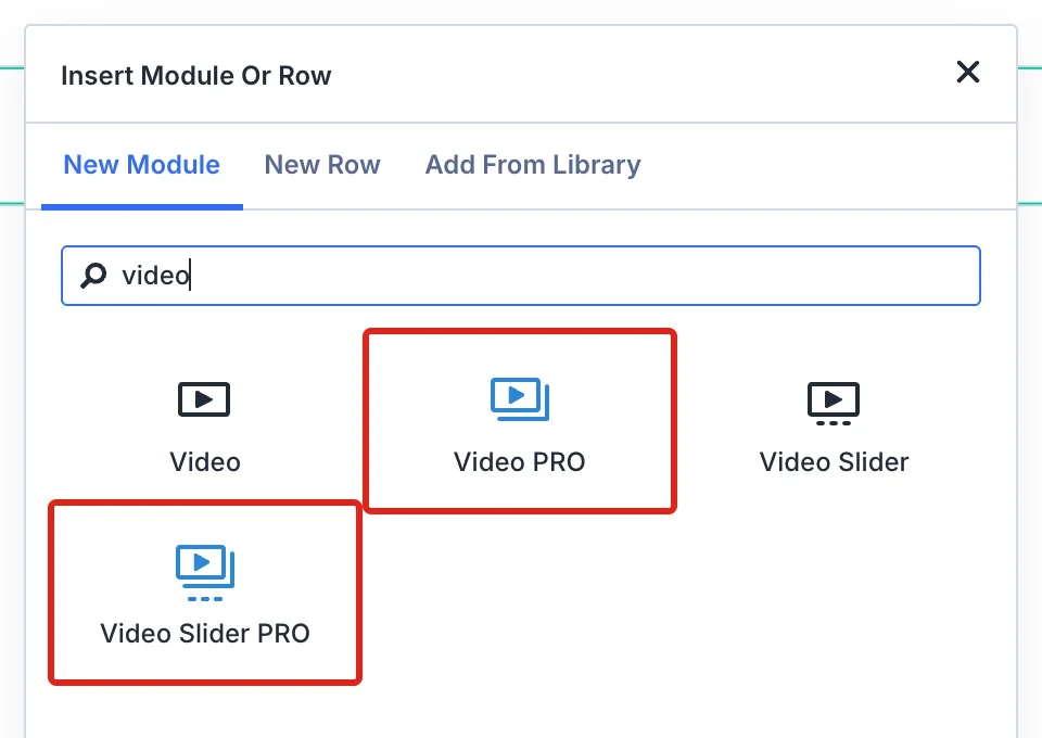 Searching for video in the Divi Insert Module dialog, with Video Pro and Video Slider Pro marked