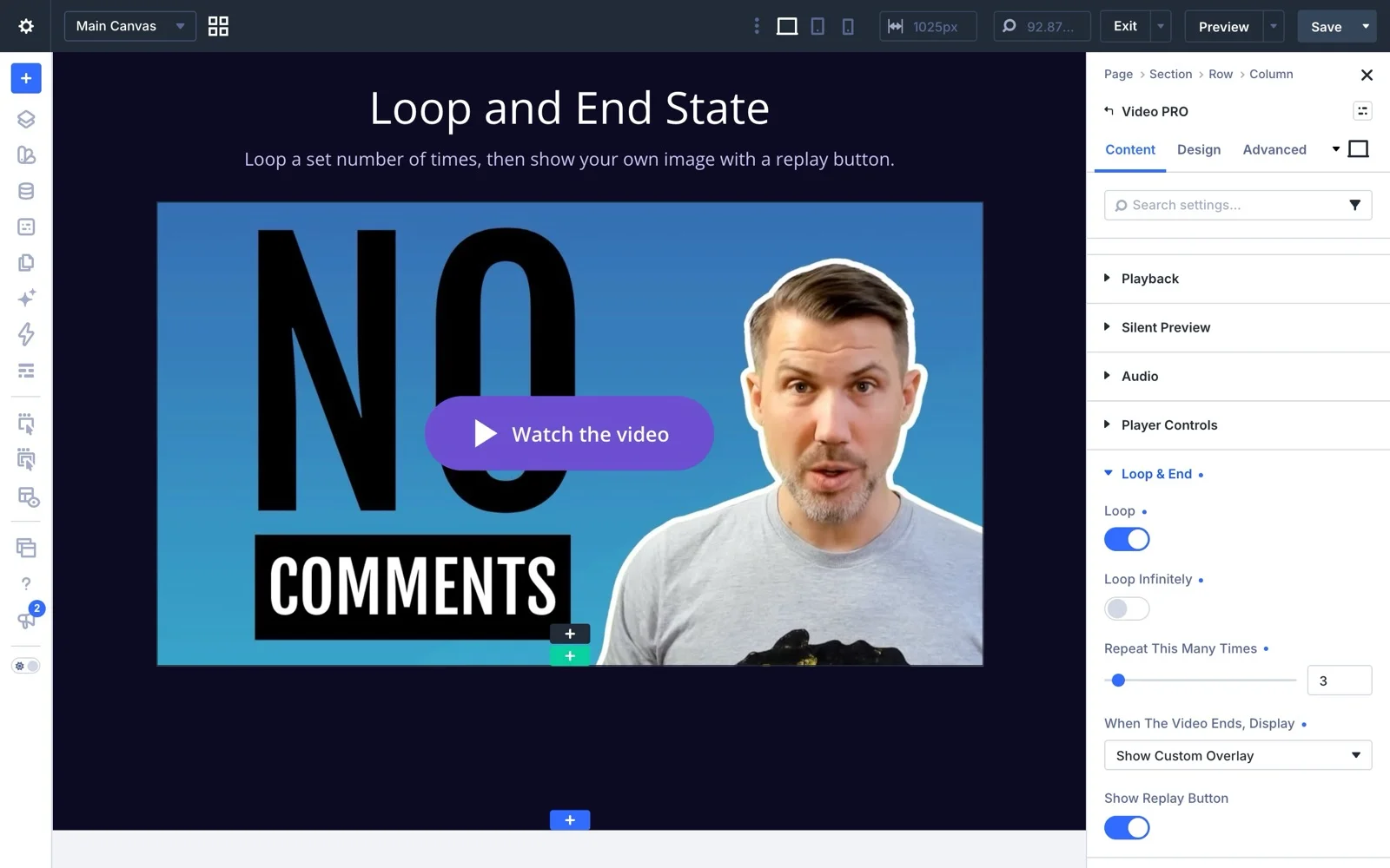 Loop and End set to repeat three times, then show the custom overlay with a replay button