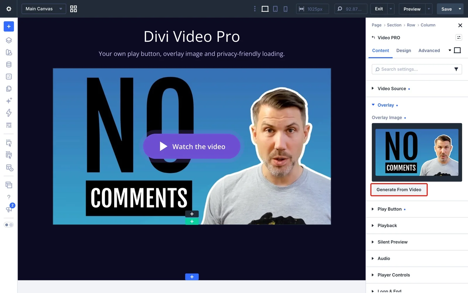 The Overlay group with an image set and the Generate From Video button