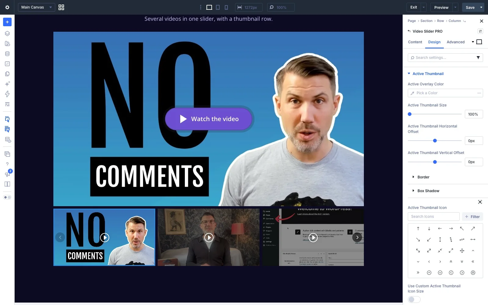 The Active Thumbnail group in the Design tab of Video Slider Pro