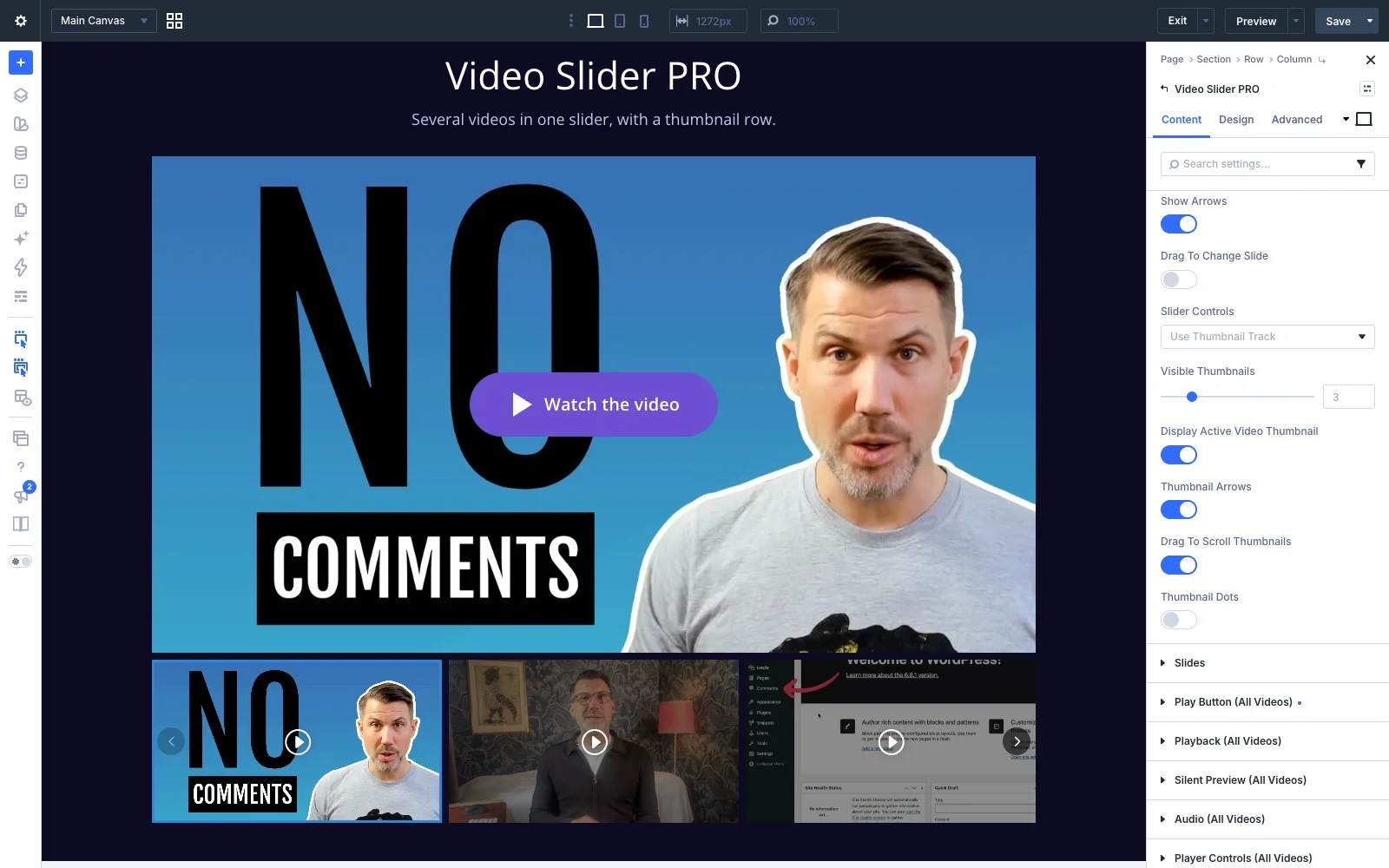 The Slider group with the arrow, drag and thumbnail track settings