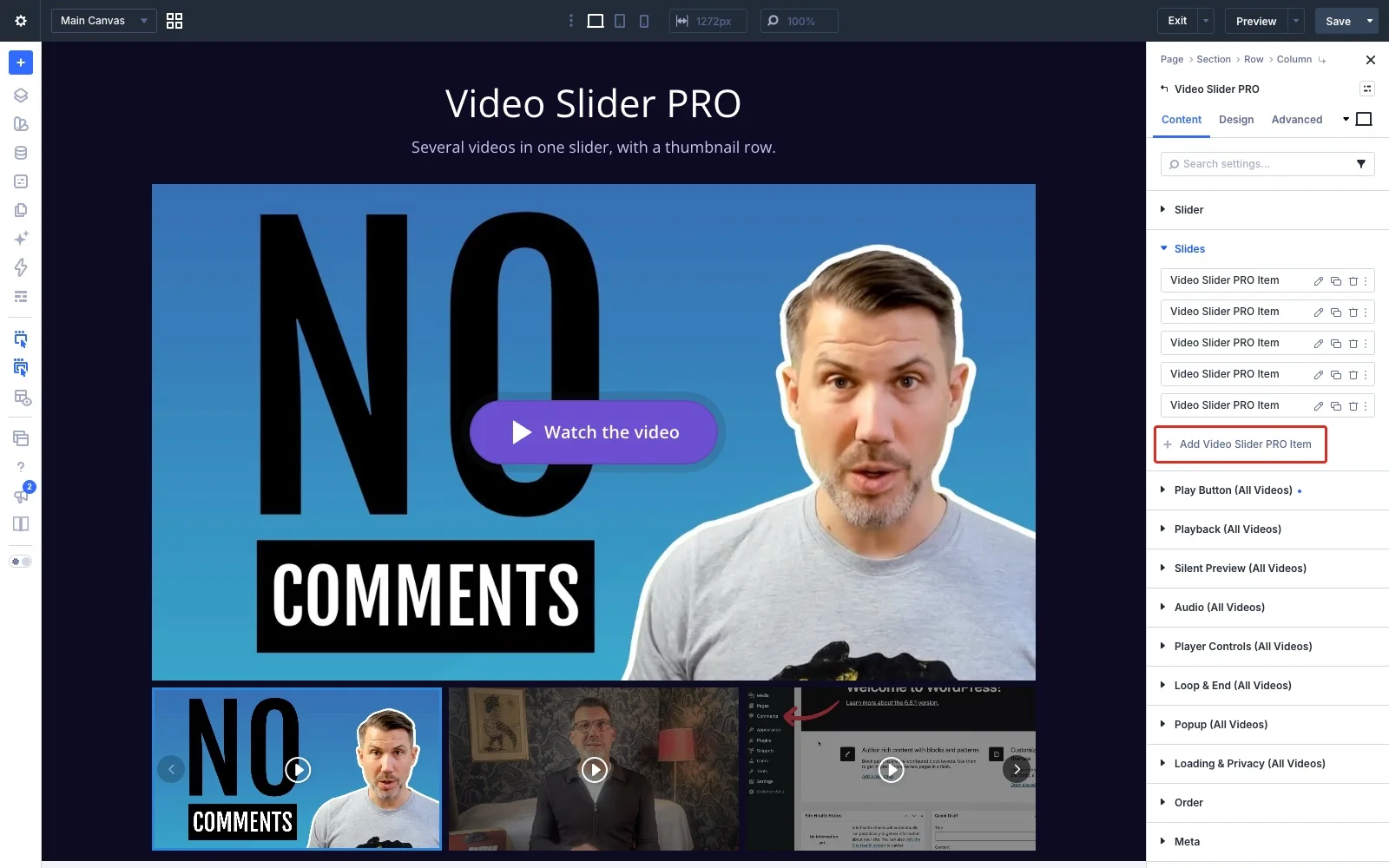 The Slides group with five slides and the Add Video Slider Pro Item button marked