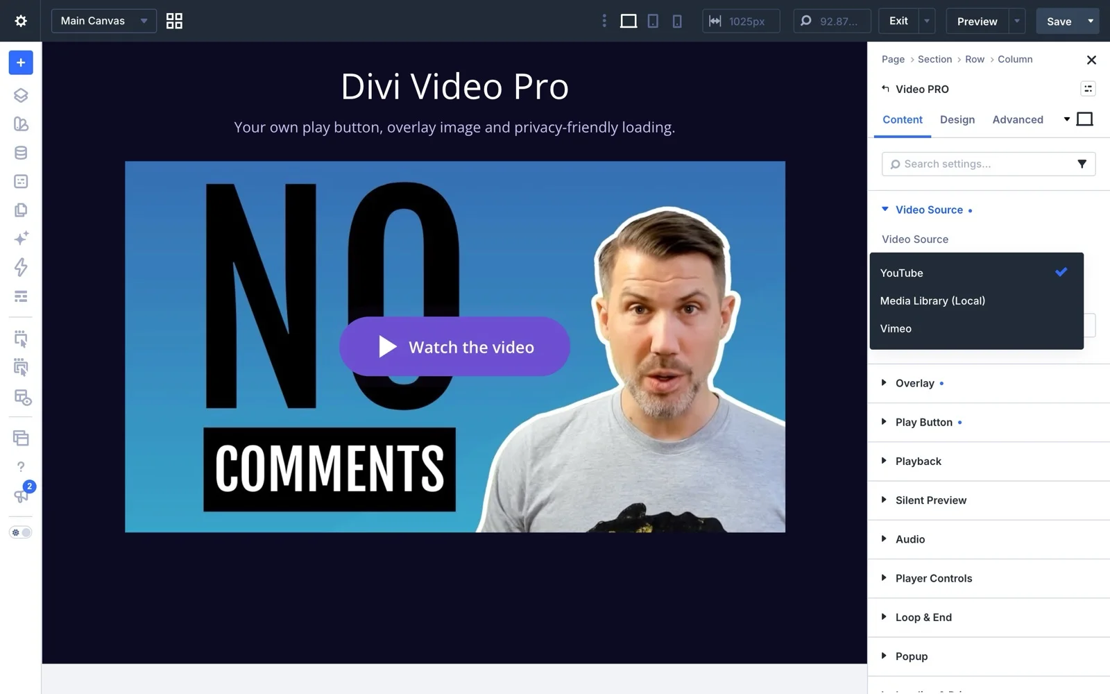 The Video Source setting with its three options